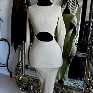 Gold long sleeve sweater midi dress